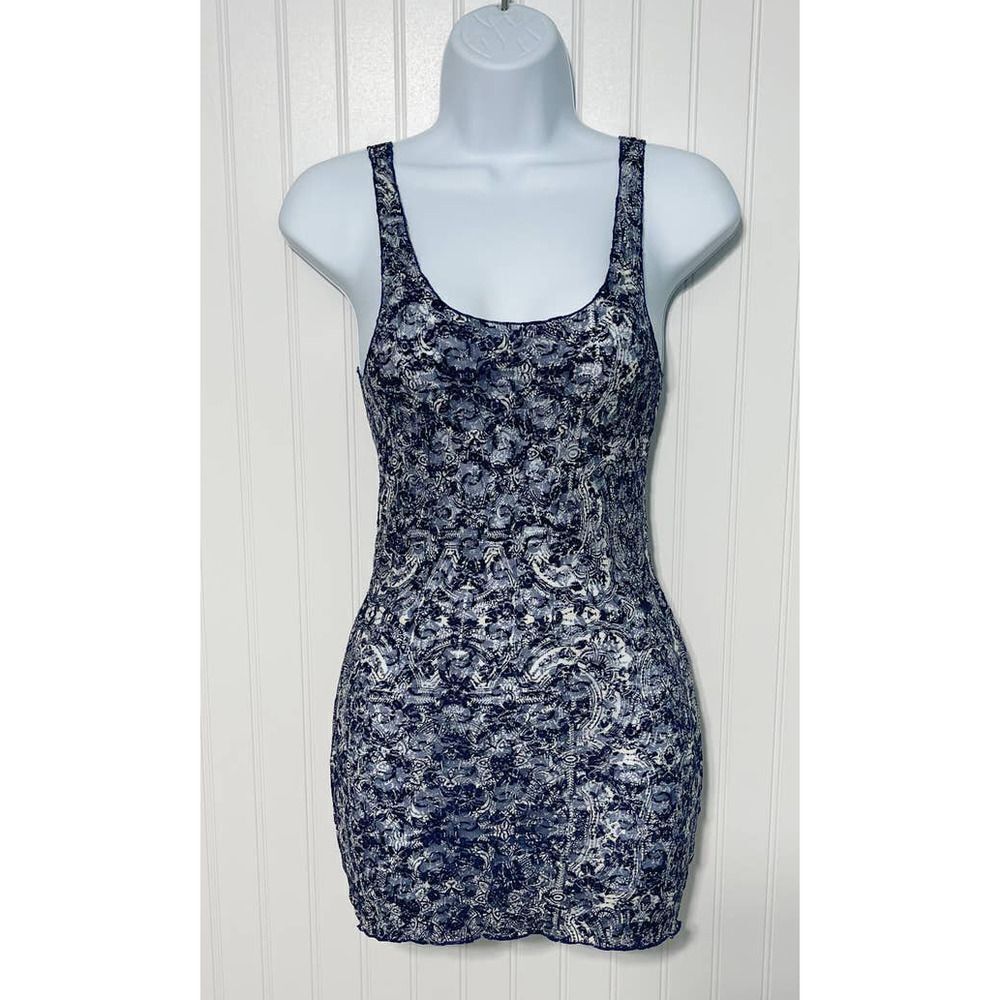 Free People Sheer Lace Printed Long Tank Top Lettuce Hem Sleeveless Blue Small‎